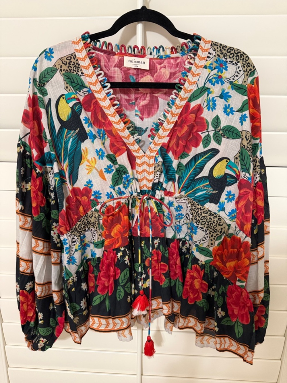 Talisman Floral Toucan V-Neck Peasant Top in Multi